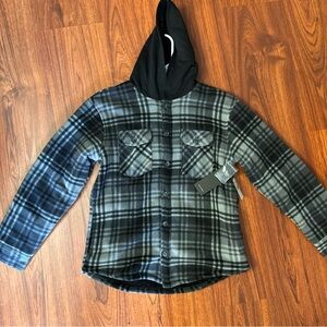 Plaid Hooded Kids Jacket - Black and Gray size Large